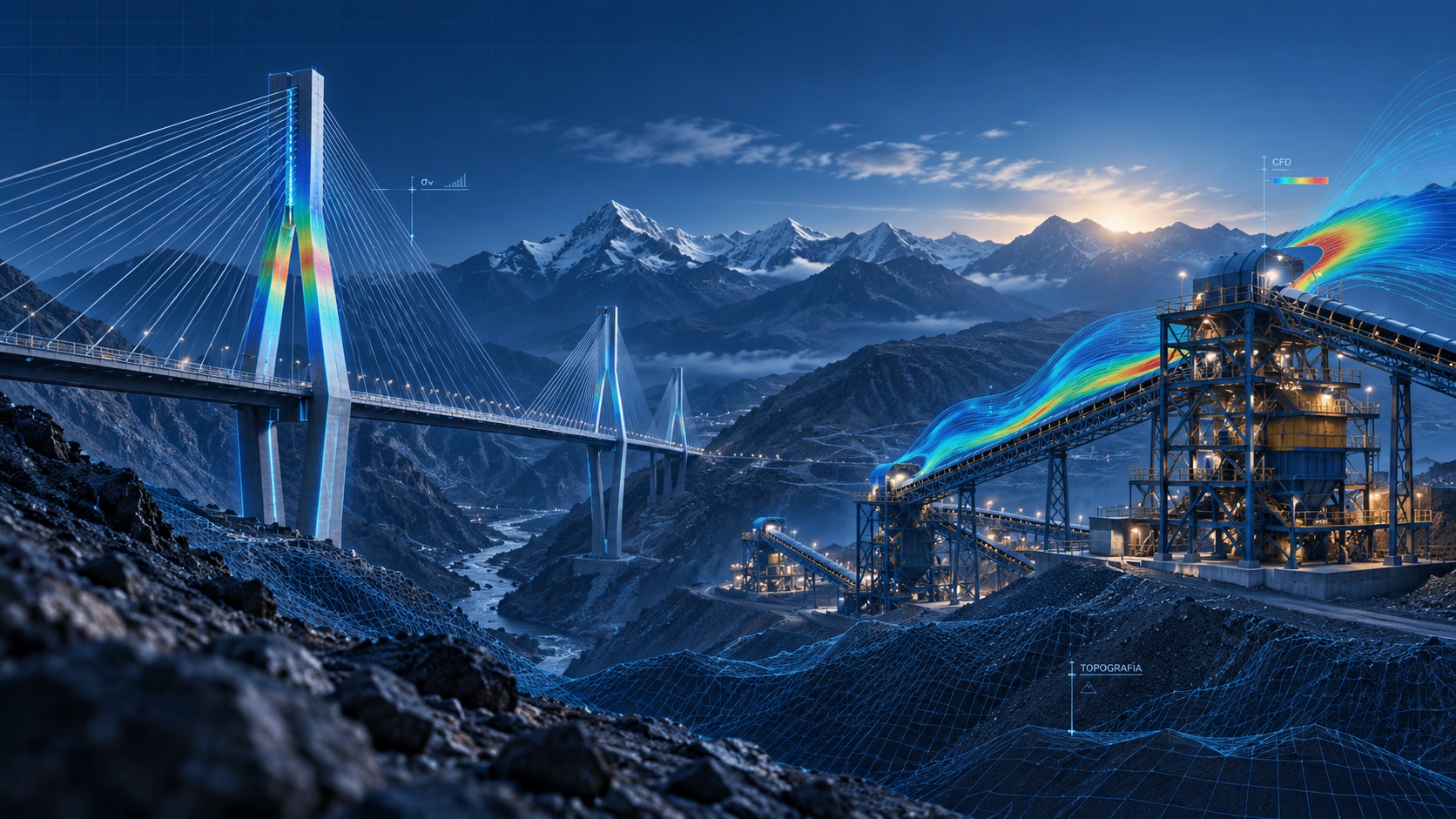 Infraestructura de puente y operación minera con visualización técnica de simulación